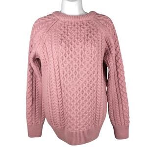 Aran Crafts Pink New Wool Cable Knit Sweater Womens Small Raglan